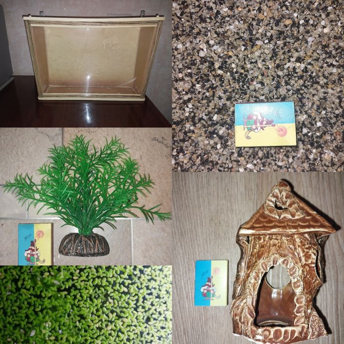 Аквариум, грунт, декорации, ряска, гуппи, креветки, сачок