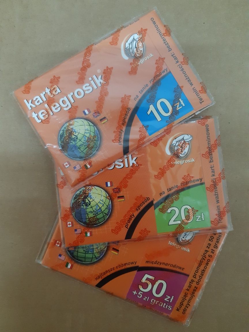 Nowe, oryginalnie zafoliowane karty telegrosik 10,20 i 50 zł