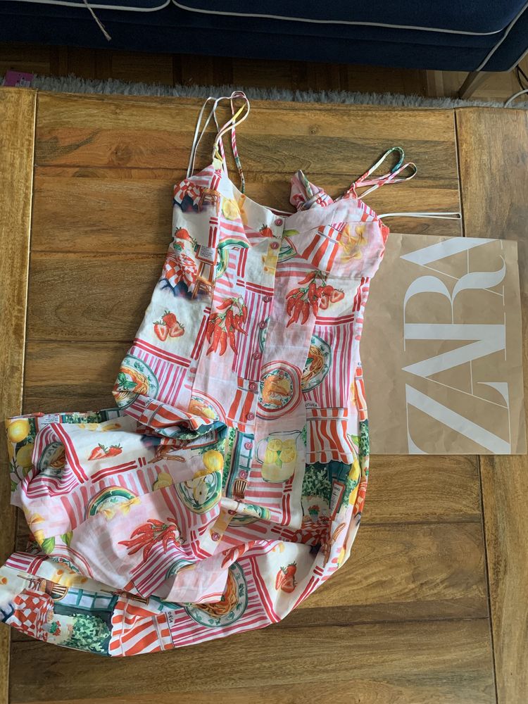 Zara nowa viralowa patchworkowa kolora sukienka z motywem jedzenia S