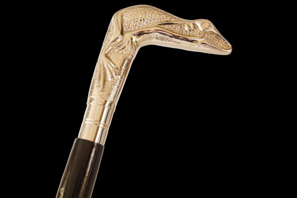 Dekoracyjna laska spacerowa drewniana niklowana ŻABA