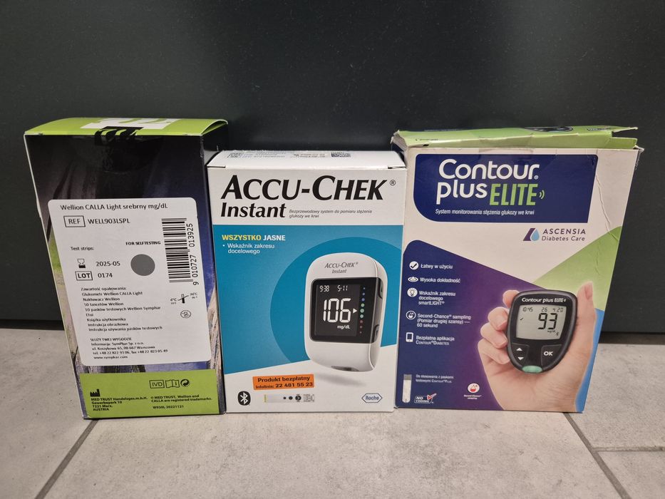 3 szt. glukometrów (Wellon Calla, Accu-Chec, Contour Plus)