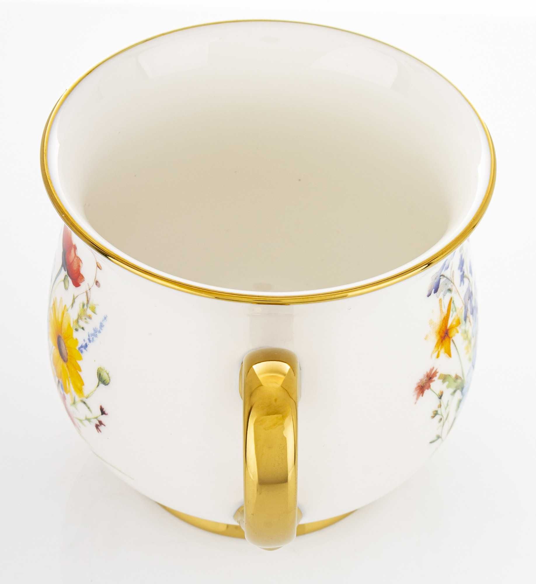 Kubek Porcelanowy Filiżanka do Kawy Herbaty 450 ml Biały Kwiaty Złoty