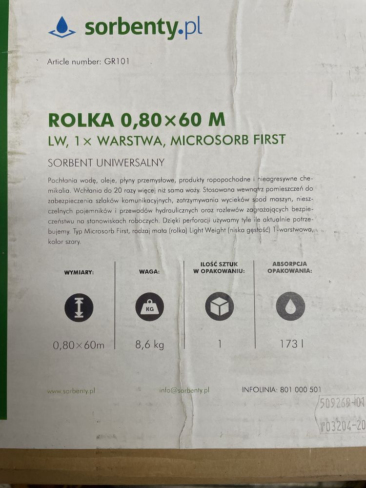 Sorbent czyściwo mata ręcznik do wchłaniania wycieków 40cm x 60mb