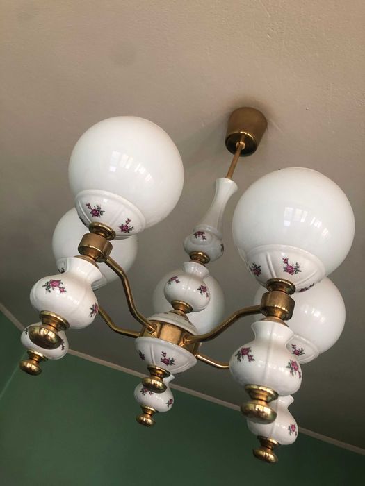 Porcelanowy żyrandol 5-ramienny, PRL, kwiatowy wzór, stan b. dobry
