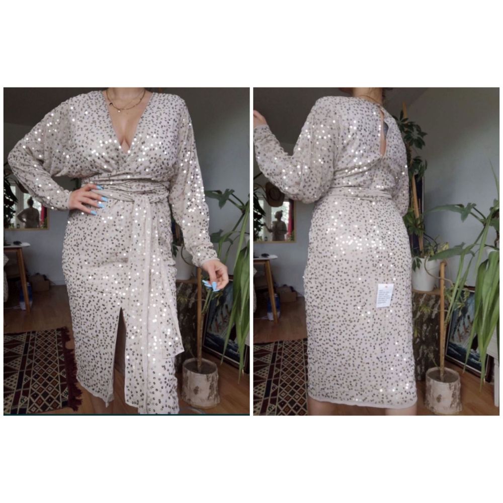 Beżowa cekinowa sukienka midi kimono m 38 asos luxe