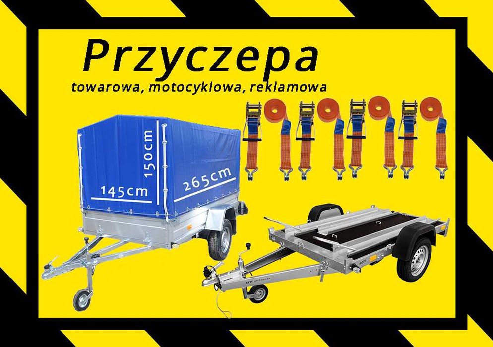 Wypożyczalnia Przyczepa towarowa motocyklowa, pasy w cenie Miedzyń