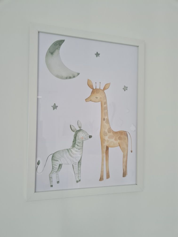 Obraz obrazek plakat dla dziecka dziecięcy lew żyrafa zebra biała rama