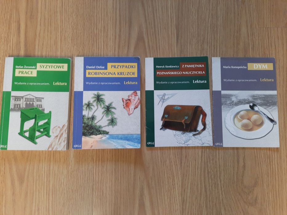 Lektury szkolne Przypadki Robinsona Kruzoe,  Syzyfowe prace,  Dym