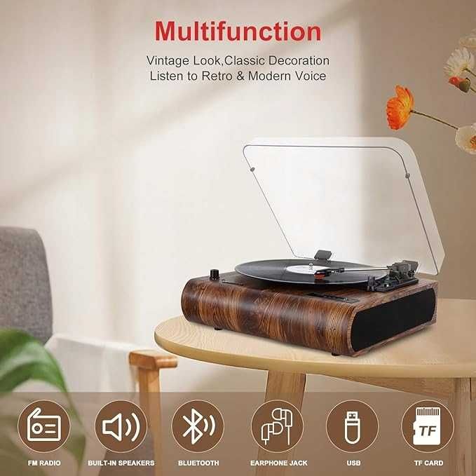 Winylowy gramofon VOSTERIO Bluetooth z głośnikiem USZKODZONY