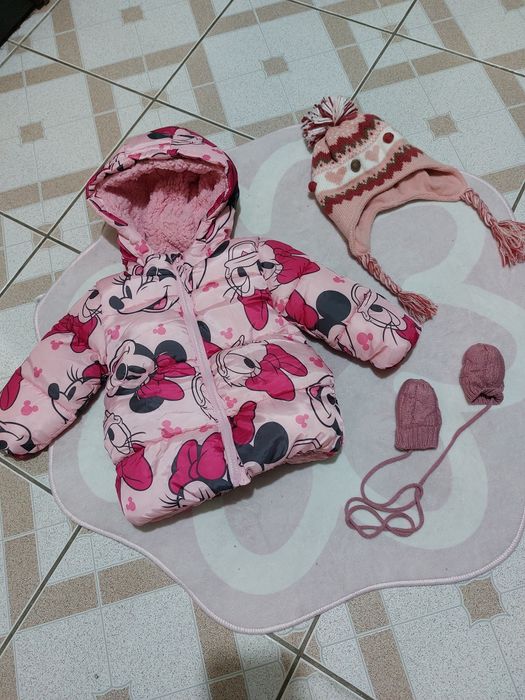 Komplet zimowy dla dziewczynki kurtka zimowa Rękawiczki czapka 74/80