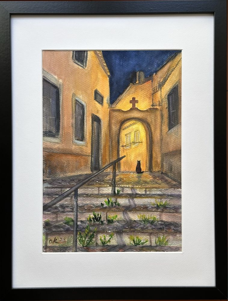 Alfama Lisboa Pintura aguarela com moldura / framed art painting cat