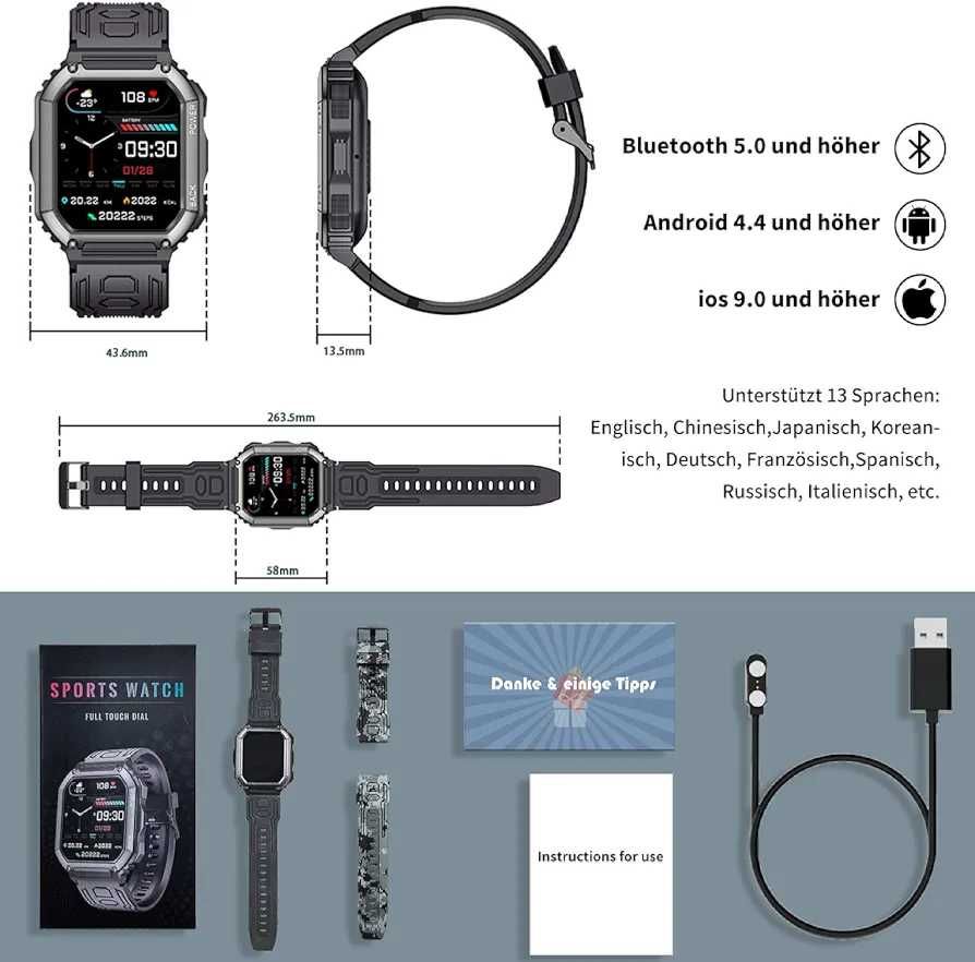 Smartwatch męski 1,8" HD FULL IP67 2 paski