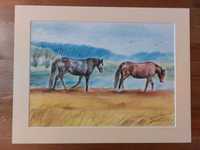 Obraz pastela akwarela 2 konie "Jesień nad rzeką"