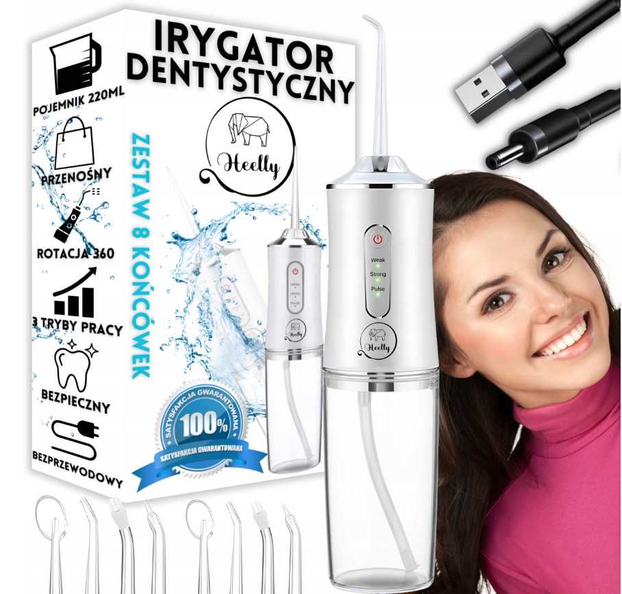 Heelly irygator dentystyczny – 8 końcówek, 300 ml