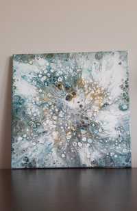 Obraz abstrakcyjny 39cmx39cm błękit złoto biel paint pouring