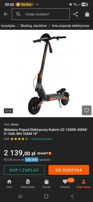Składany Pojazd Elektryczny Kukirin G2 1200W 45KM/H 15Ah 48V 55KM 10''