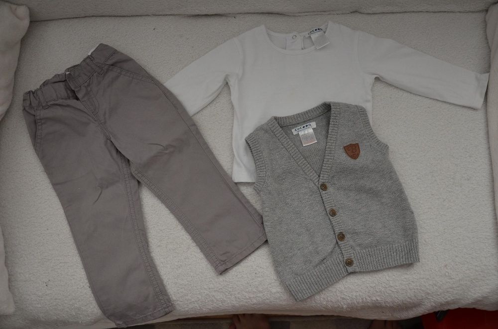 Komplet 3 częściowy elegancki kamizelka spodnie bluzka chrzest r.74