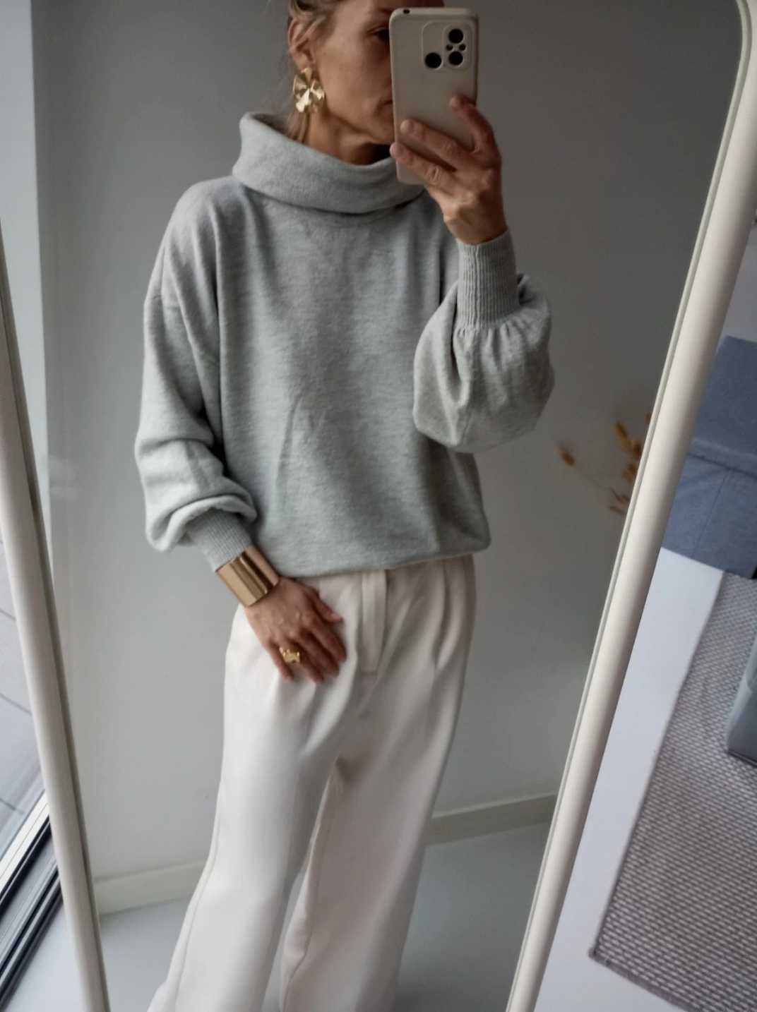 Asos szary sweter piękne rękawy duży L z golfem ciepły