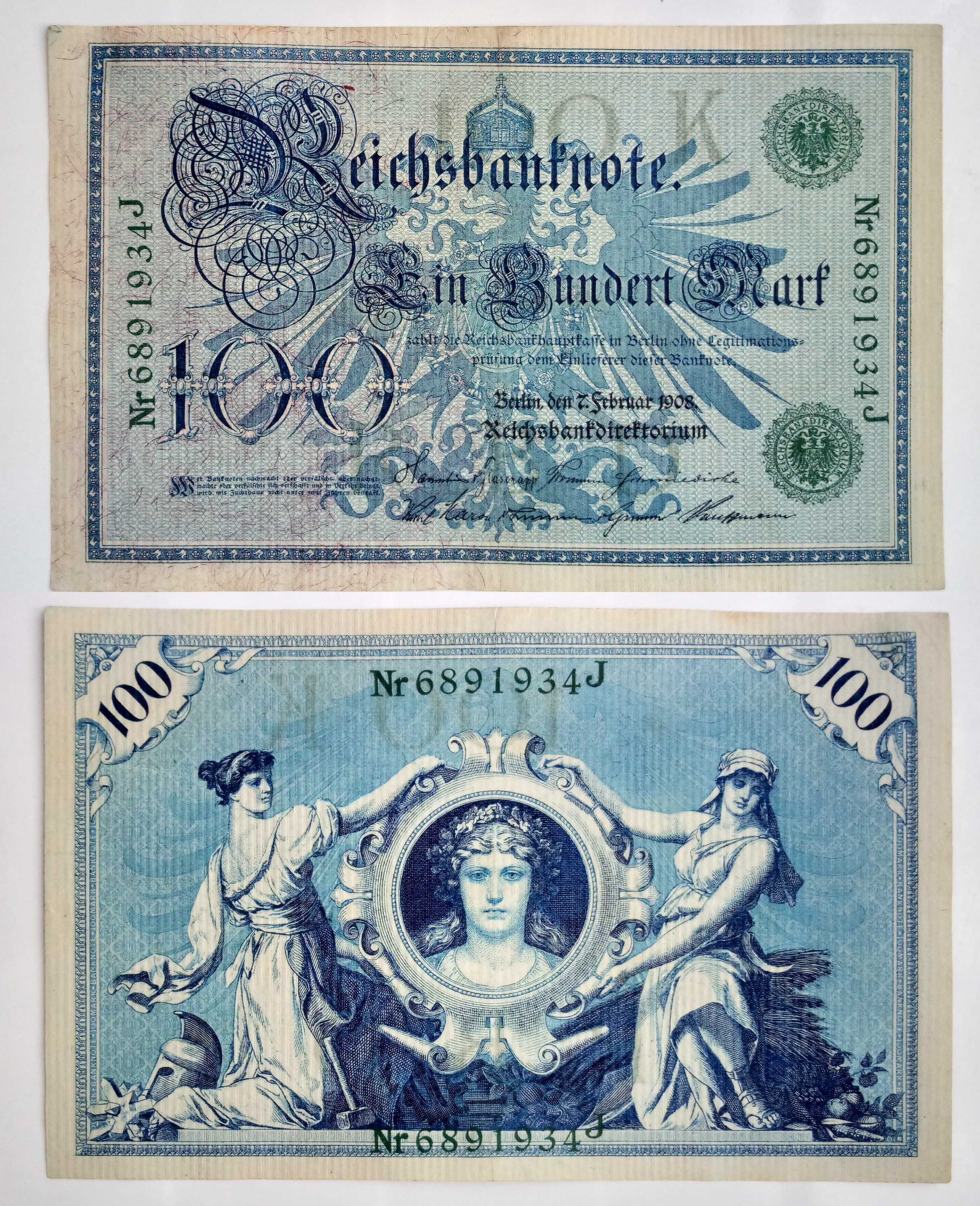 100 марок 1908г, Германия, зелёные печати, состояние EF