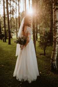 Suknia ślubna koronkowa, tiulowa, kolor: złamana biel