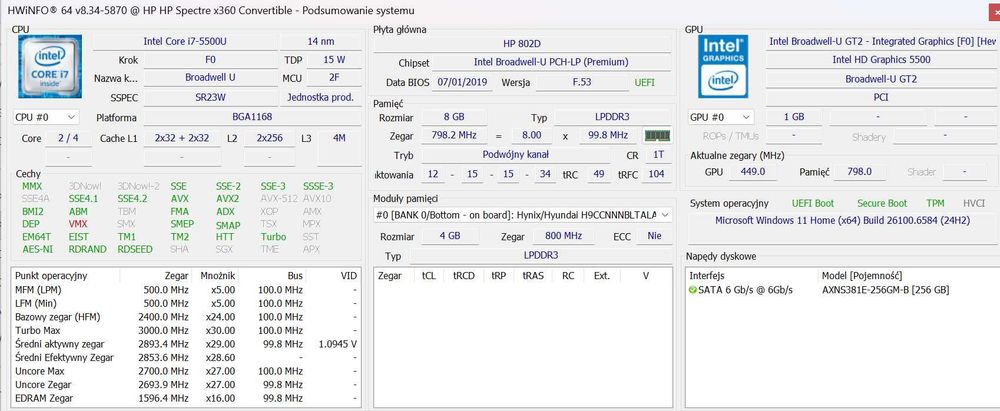 .:HP Spectre dx-4101dx - i7-5500U, 8 GB RAM, 256GB SSD, Windows 11:.