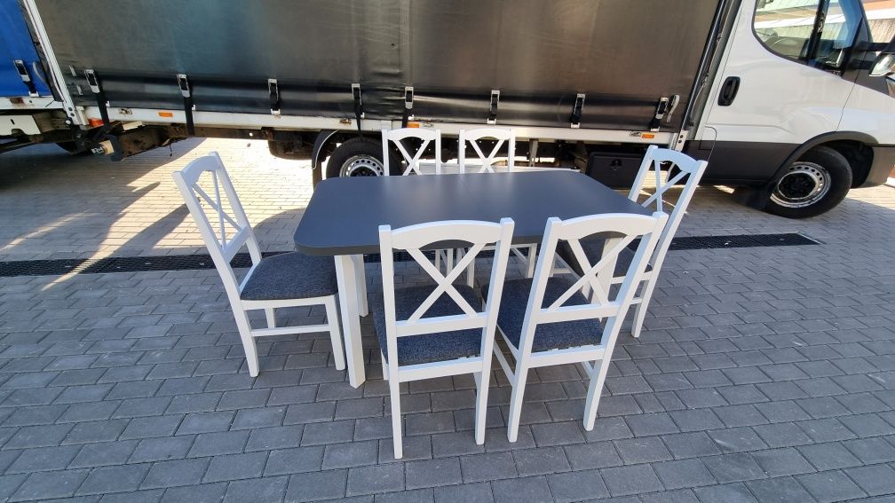 Nowe: Stół 80x140/180 + 6 krzeseł, bialy/blat grafit + grafit ( krzyż)