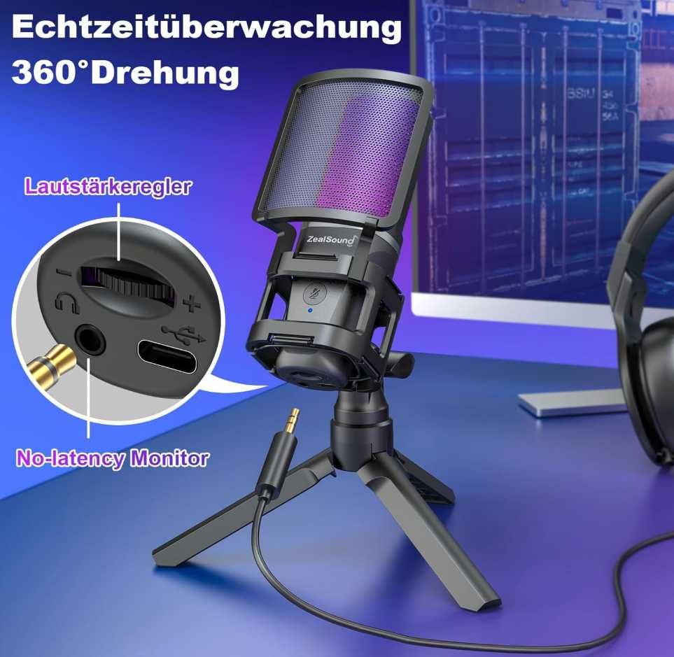 zealsound Mikrofon gamingowy USB PC, do streamingu podcast Studio