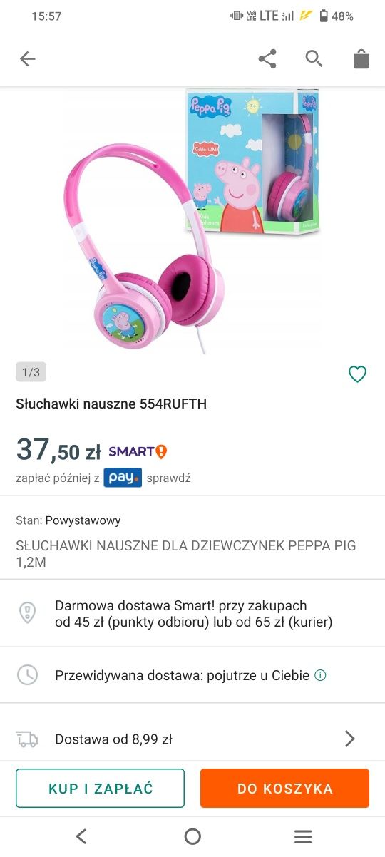 Słuchawki Peppa różowe regulowane