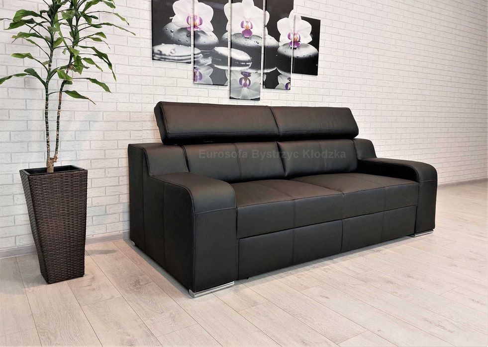 Sofa 3os skórzana, kanapa 211cm z funkcją spania, wersalka skóra natur