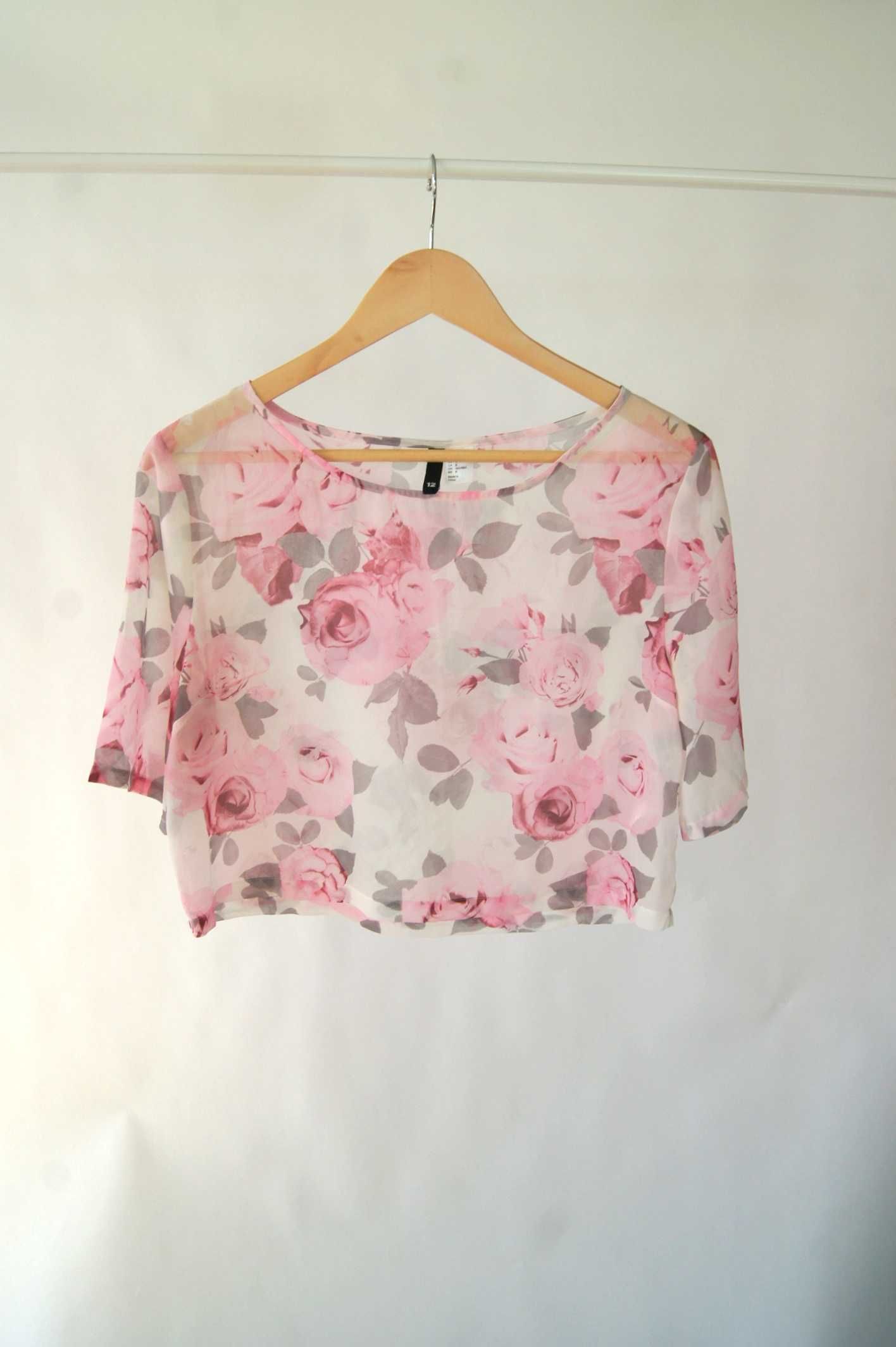 Biały jasnoróżowy croptop w róże H&M 38M w kwiaty kwiecisty bluzka