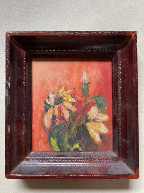 Obraz olejny z drewnianą ramą kwiaty, 150 zł,