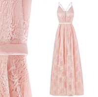 Elegancka długa suknia, sukienka różowa wesele impreza koronka