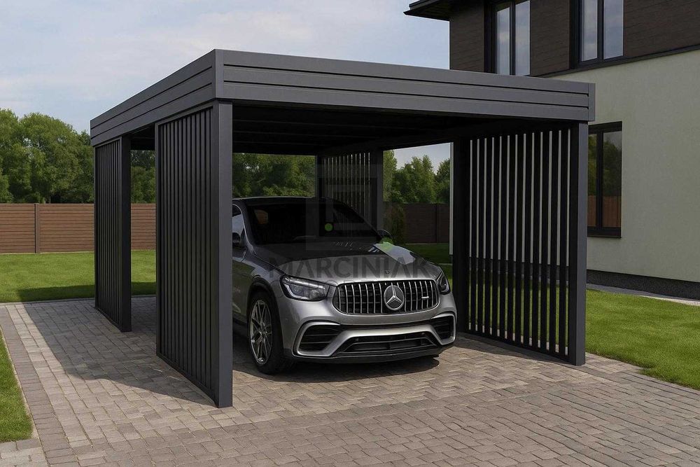 Carport na 1 auto 3x6 RAL 7016 Horyzontal/Pion – zaprojektuj w 3D