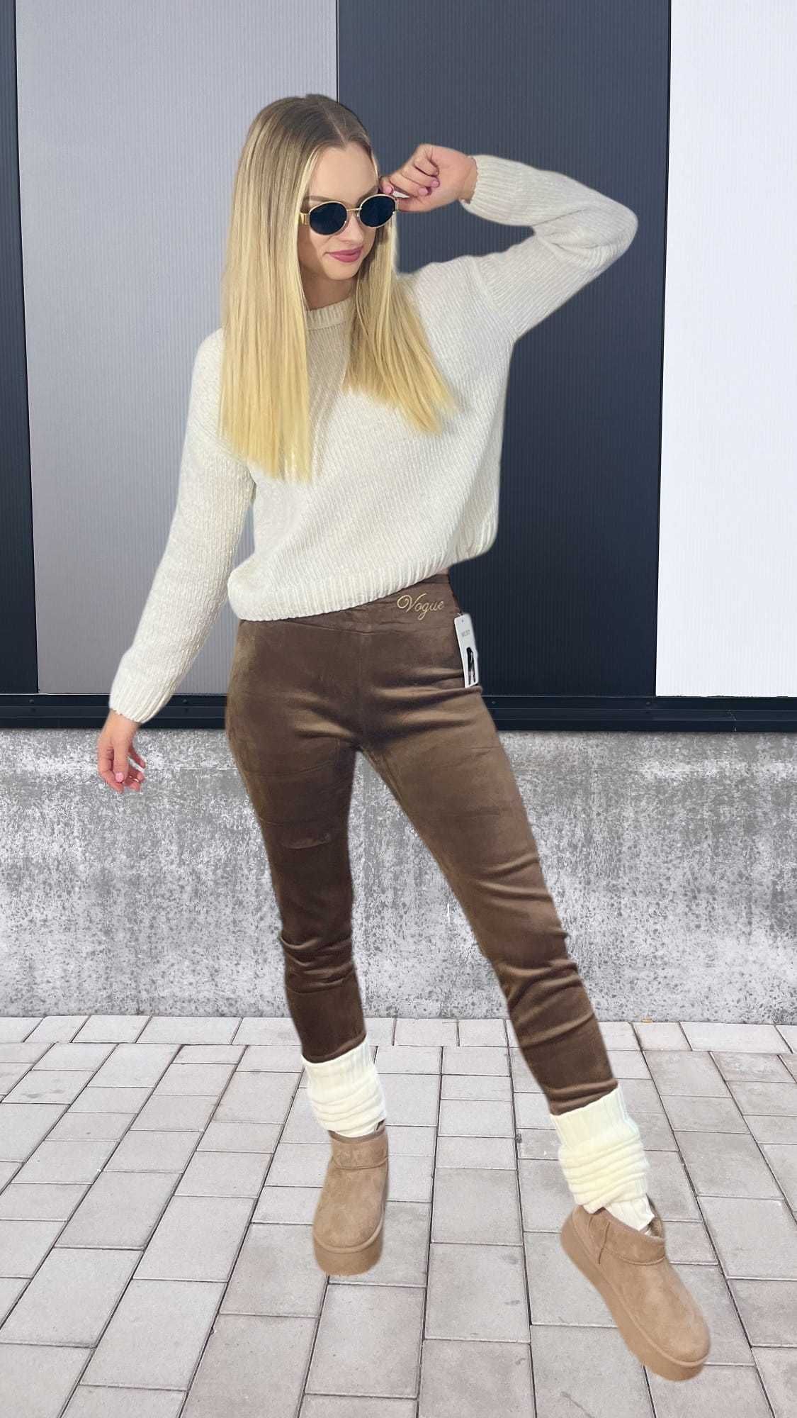 Grube ocieplane legginsy zimowe Vogue - czekoladowe wysoki stan S/M
