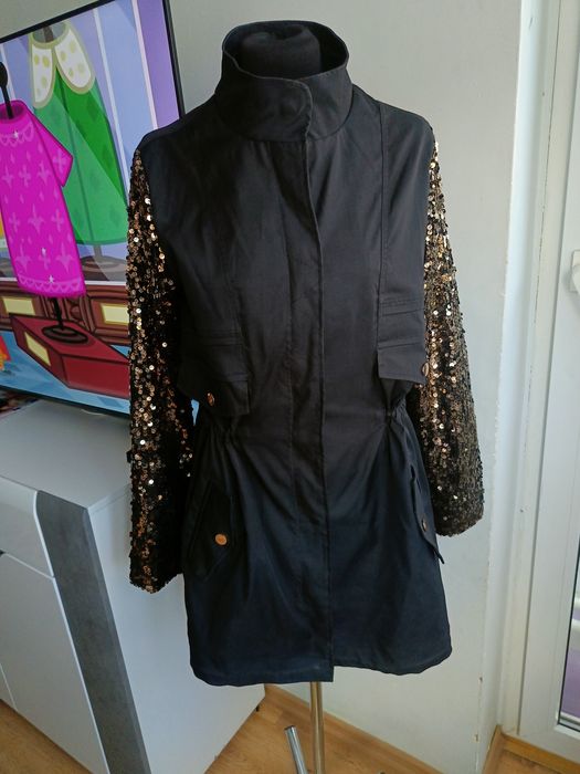 Piękny czarny elegancki płaszcz parka z cekinami rozmiar M