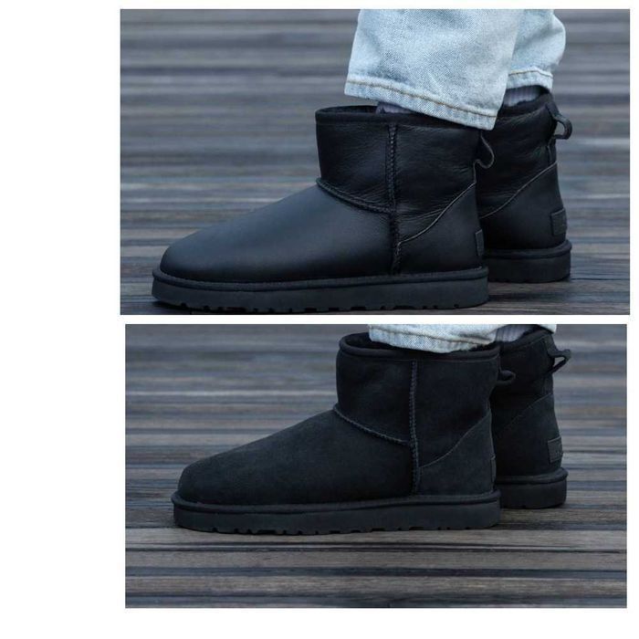 Унисекс зимние UGG Classic Mini, черные кожаные угги классик мини уггі