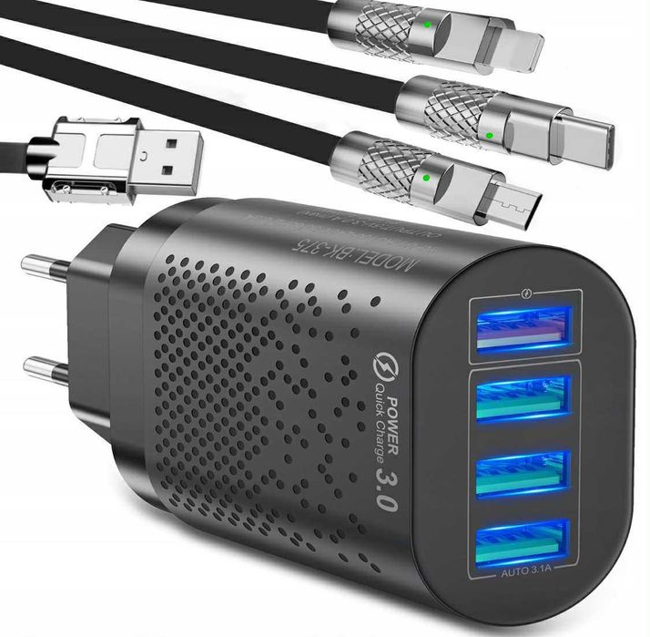 Zestaw ładowarka 4x USB i kabel 3w1 szybkie ładowanie 3 0 uniwersalna