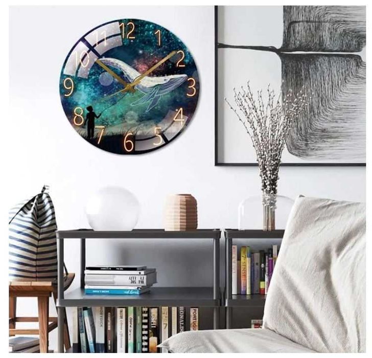 Cichy zegar ścienny, szklany, okrągły 26cm wzór wieloryb Cooltto