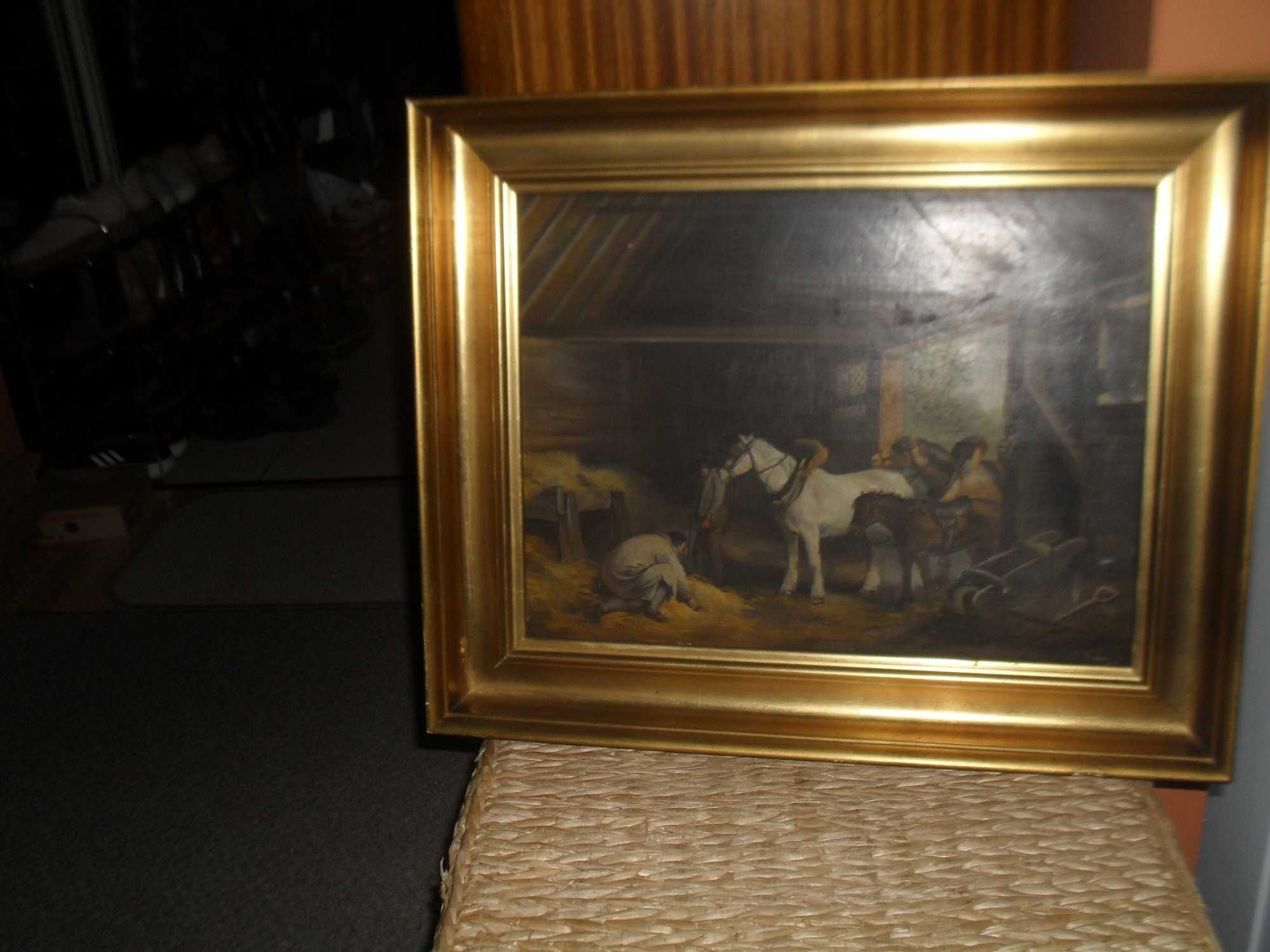 XIX-wieczny obraz olejny na desce - konie w stajni CENA OST