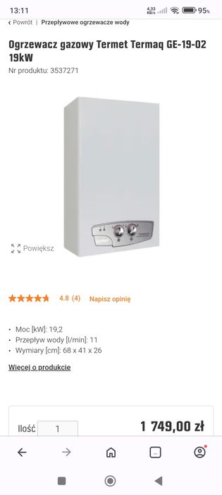 Piecyk, podgrzewacz wody, ogrzewacz gazowy Termet Termaq GE-19-02 19kW