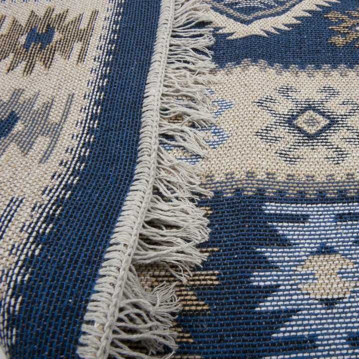 DYWAN KILIM BOHO dwustronny bawełna niebieski 120 X 180 FRĘDZLAMI