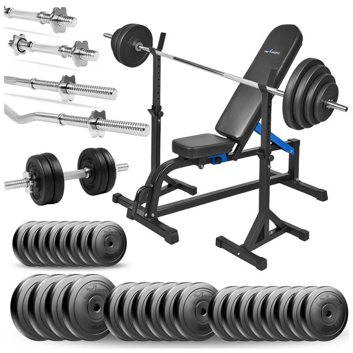 Zestaw kulturystyczny 154kg ławka regulowana stojaki gryfy hantle