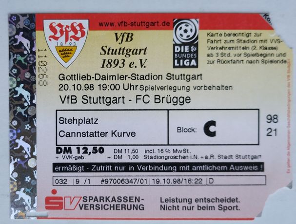 Два билета футбольного матча VfB Stuttgart - FC Brugge 20-10-98