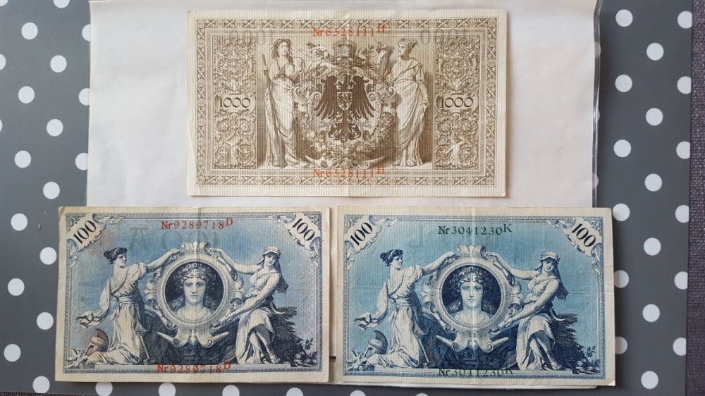 Banknot 1000 Marek 1910 i banknoty 100 Marek 1908 rok