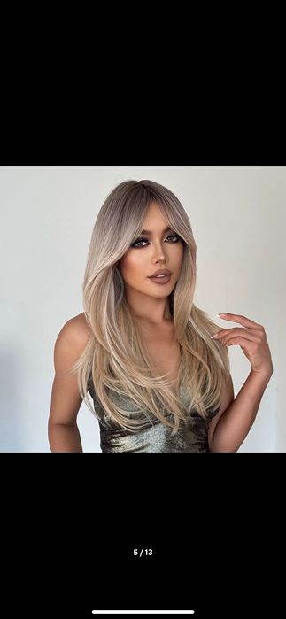 Nowa peruka damska blond balejaż z grzywką pasemkami cieniowana