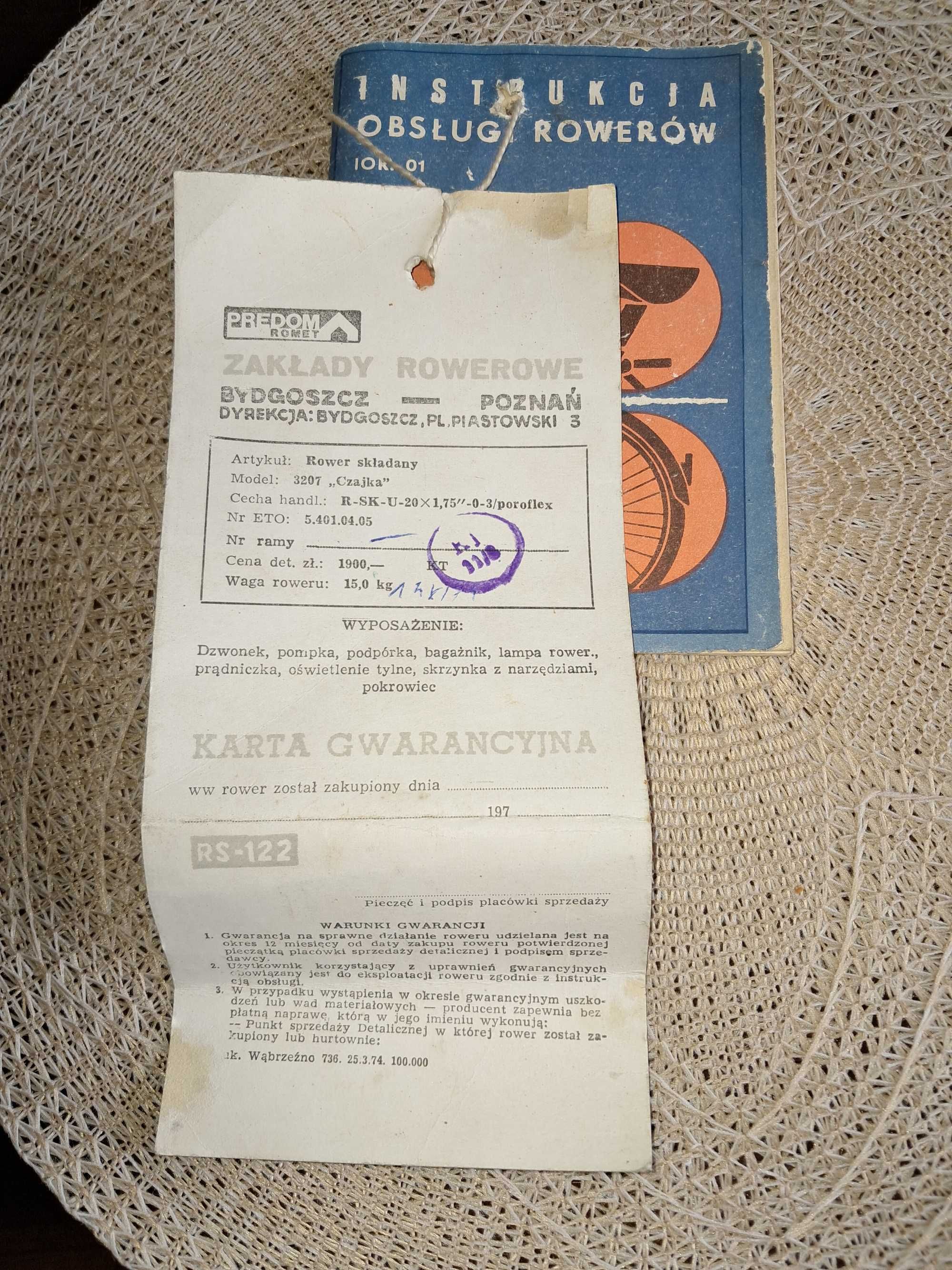 Instrukcja obsługi rowerów PREDOM ROMET 1972 rok + karta gwarancyjna