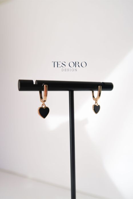 Złote Kolczyki Wiszące Czarne Serca | Próba Złota 585