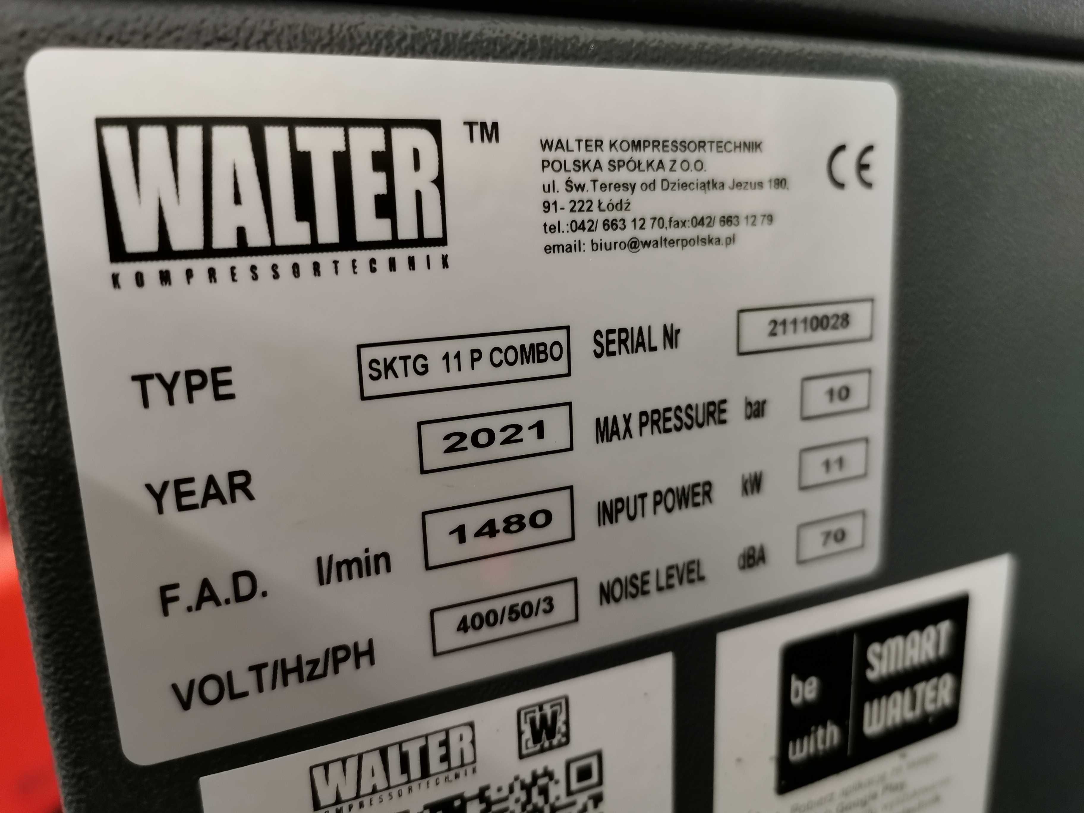 2021r!  4774h  Sprężarka śrubowa 11kw WALTER kompresor 1600l/min 10bar