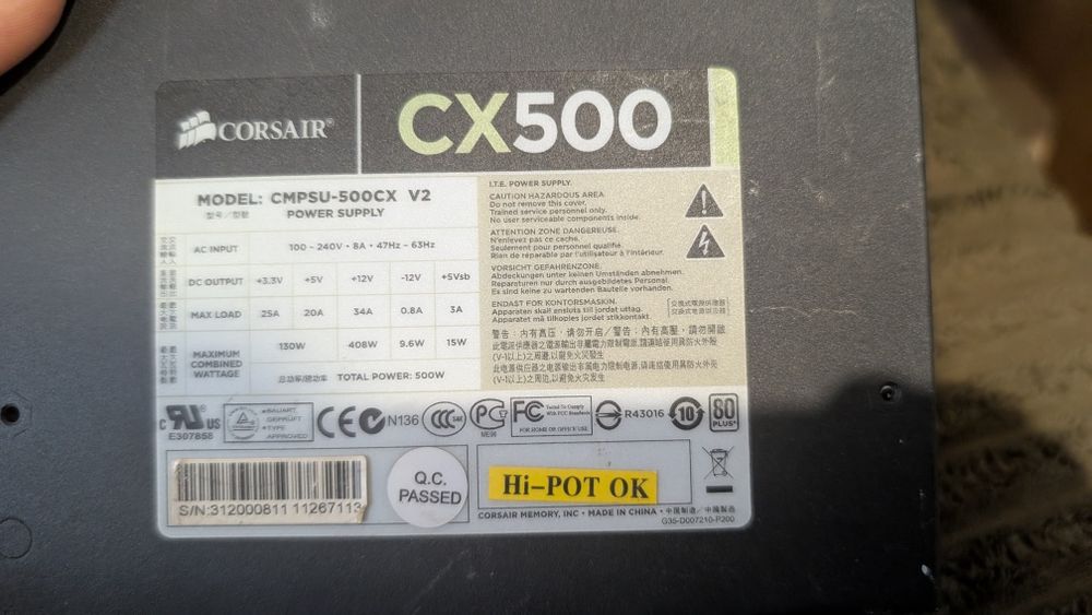 Zasilacz Corsair CX500 500W – używany, sprawny, 80 PLUS