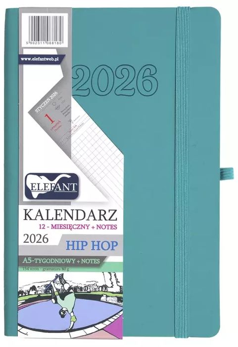 Kalendarz książkowy 2026 A5 tygodniowy Hip hop, turkusowy. Elefant